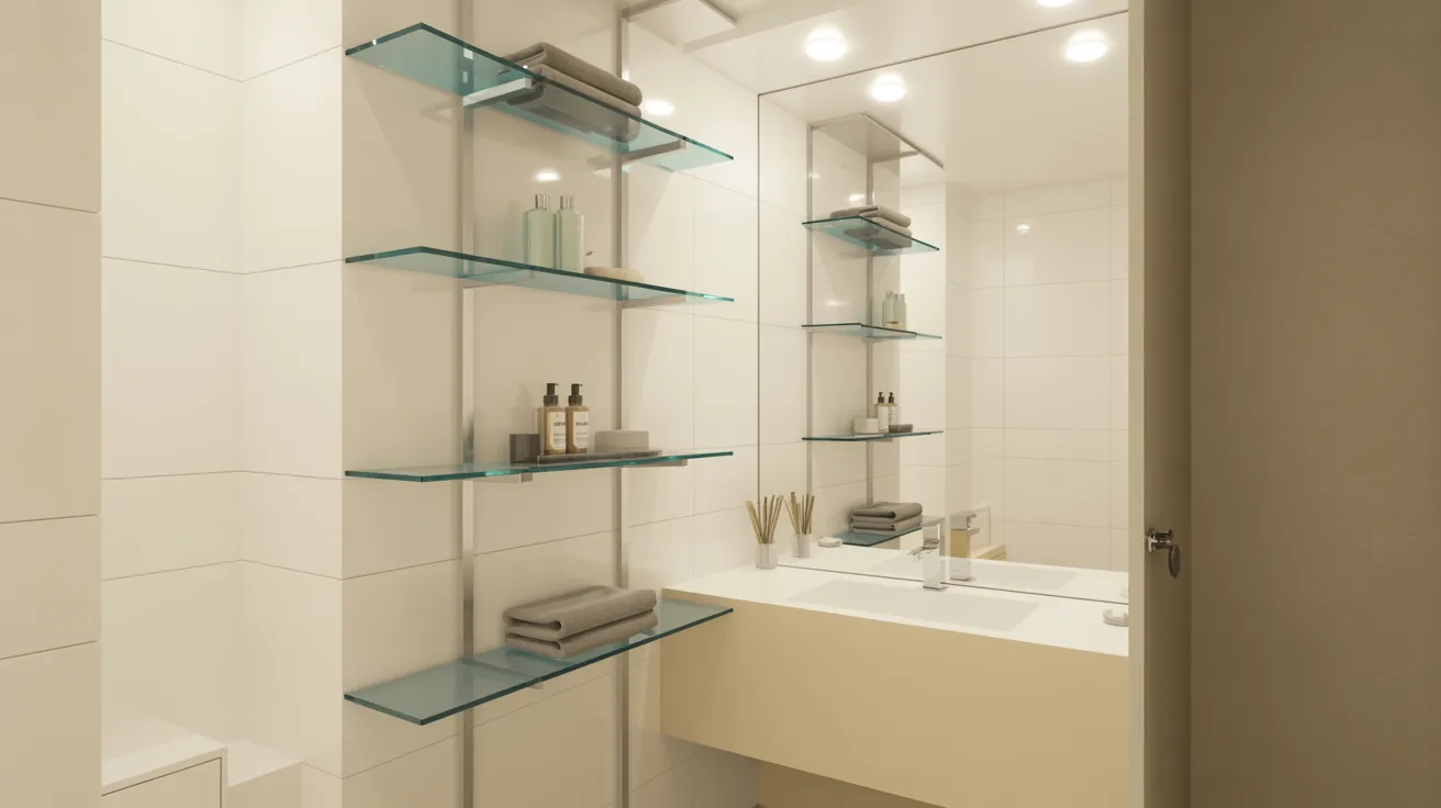 A modern bathroom featuring glass shelves above a sleek sink, showcasing a clean and organized space.