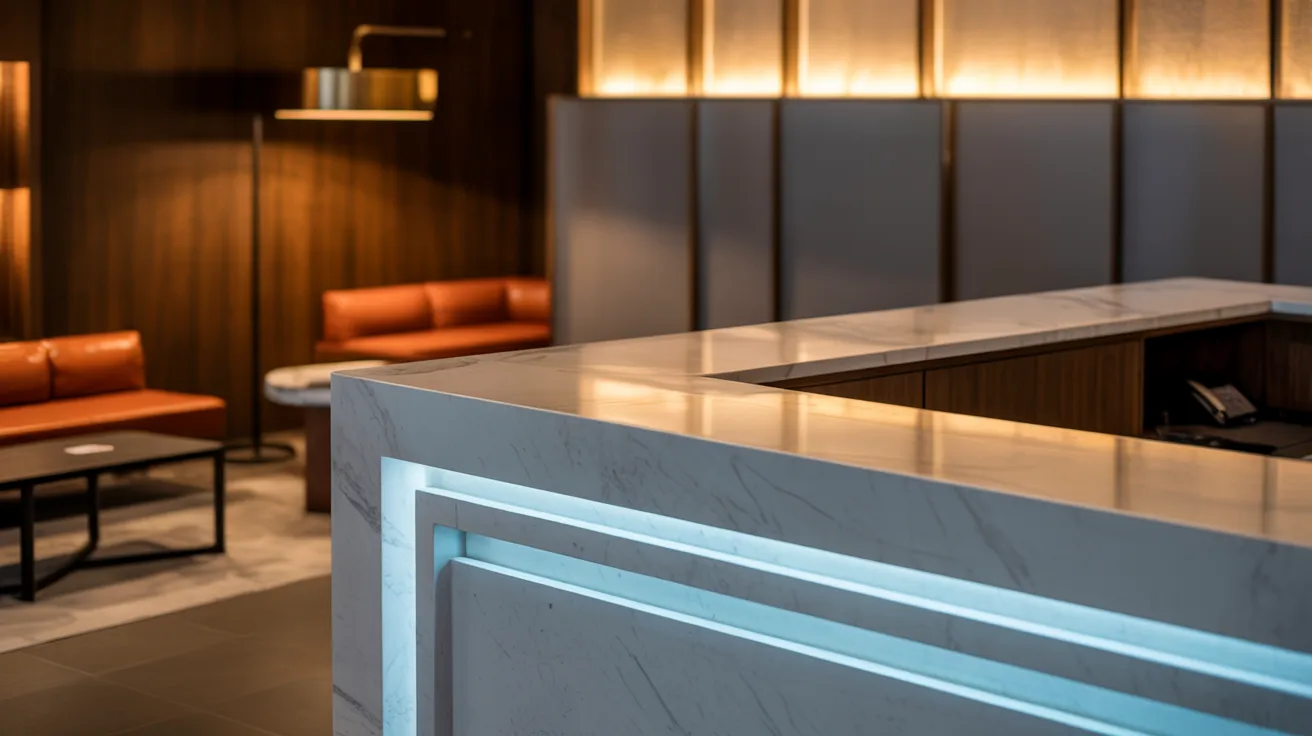 Hotel lobby reception desk with a modern design, featuring a computer, brochures, and a welcoming atmosphere.
