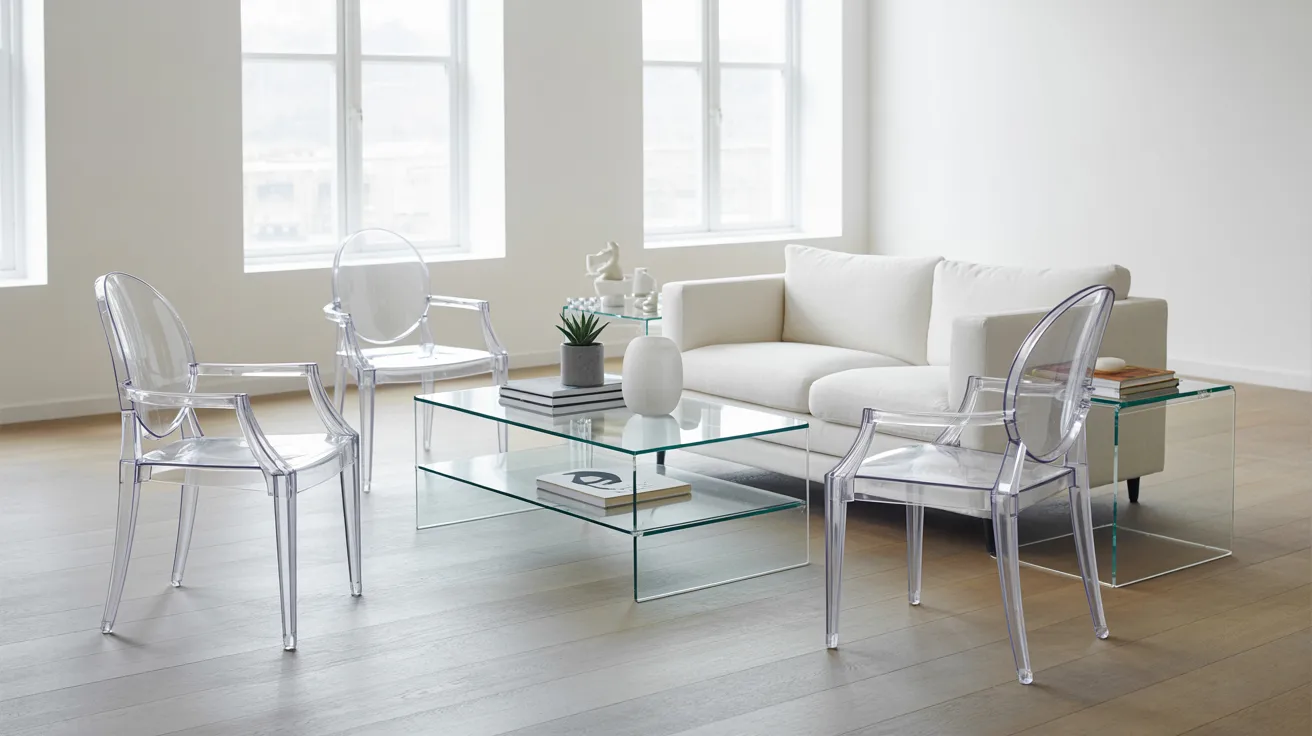 A living room featuring a white couch, two chairs, and a glass coffee table, creating a modern and inviting atmosphere.