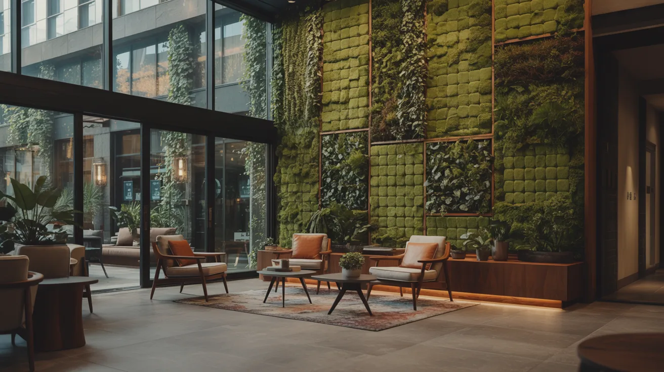 Hotel lobby featuring a vibrant green wall, creating a fresh and inviting atmosphere for guests.