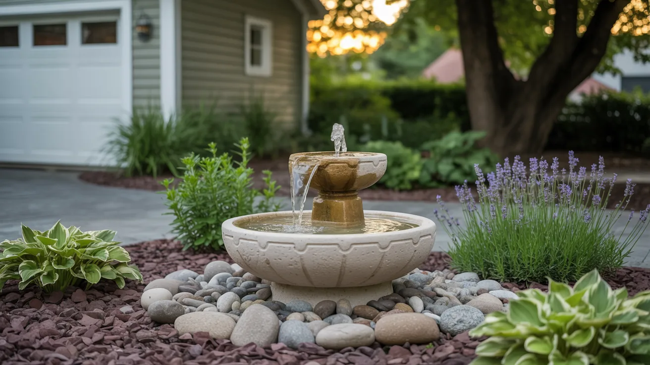 A serene garden fountain surrounded by rocks and lush green plants, creating a tranquil outdoor atmosphere.