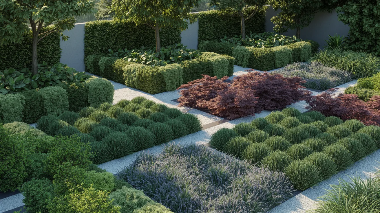 A vibrant garden filled with diverse plants and shrubs, showcasing a variety of colors and textures.