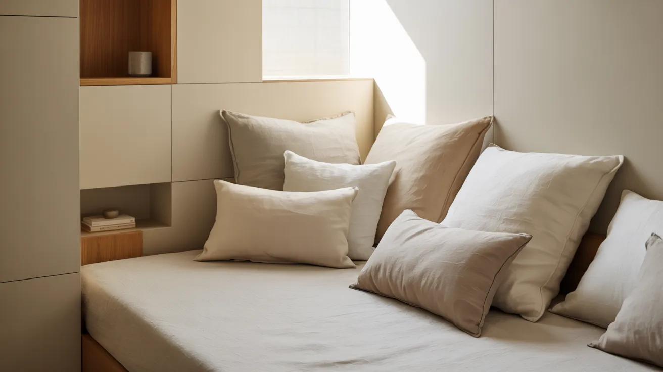 A neatly made bed with fluffy pillows and a shelf above it in a cozy room setting.