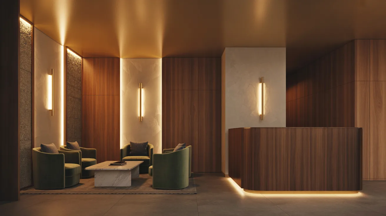 A modern lobby featuring wooden walls and a stylish green couch, creating a welcoming atmosphere.