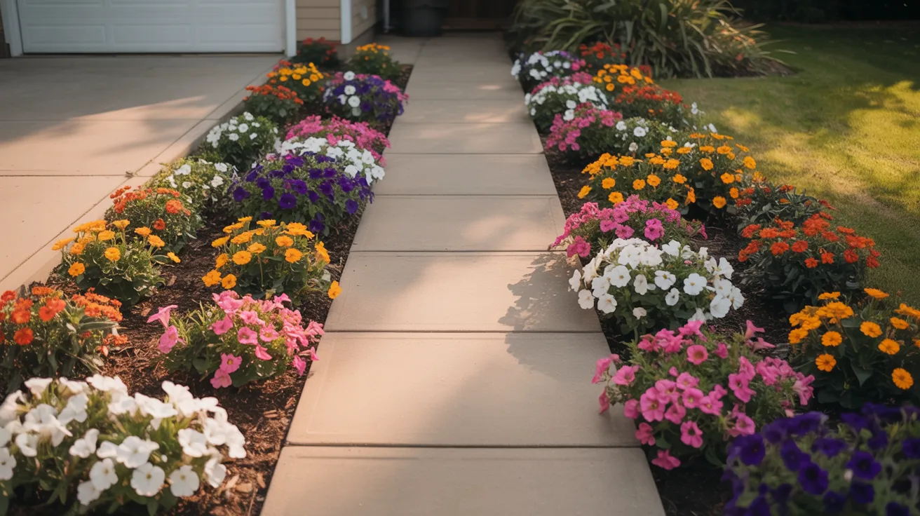A vibrant flower garden with various colorful blooms in front of a charming house.