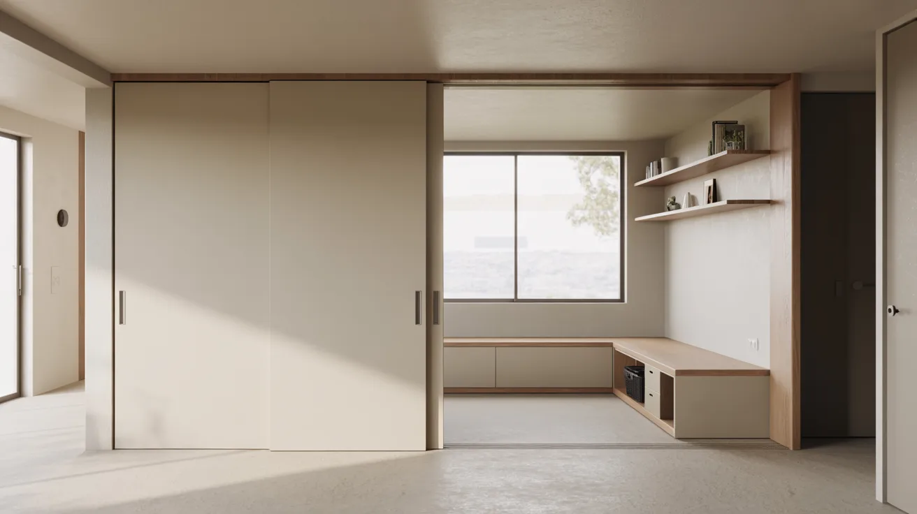 A room featuring sliding doors and a wooden bench against the wall, creating a spacious and inviting atmosphere.