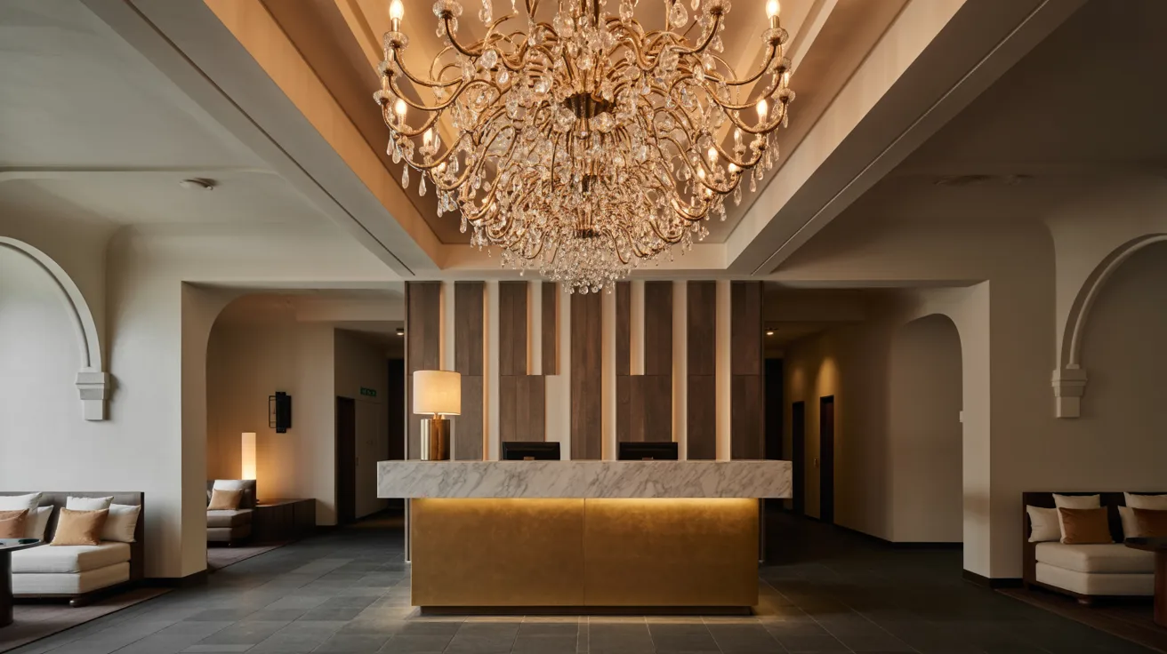 A hotel reception area featuring an elegant chandelier hanging from the ceiling, with a welcoming atmosphere for guests.