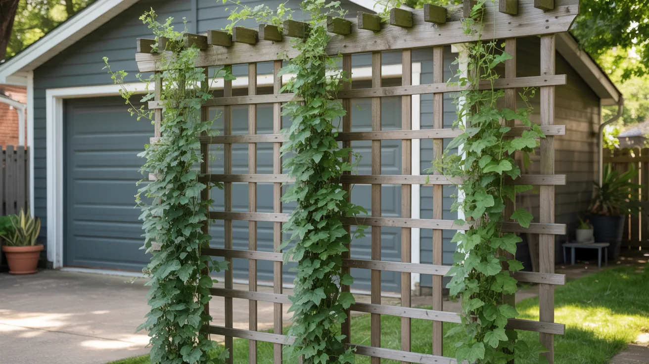 A wooden trellis covered in green vines stands in front of a garage, adding greenery to the outdoor space.