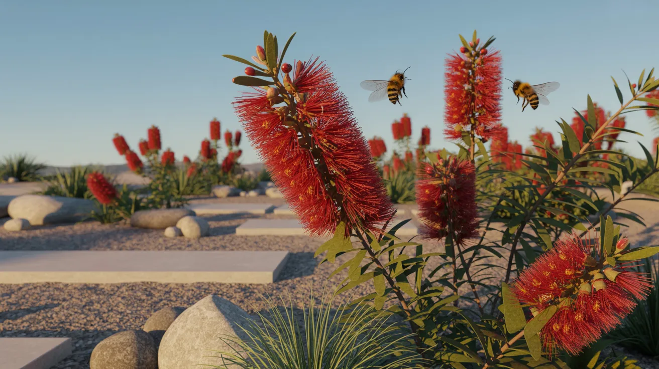 A vibrant red flower with bees buzzing around it, set against a dry desert landscape.