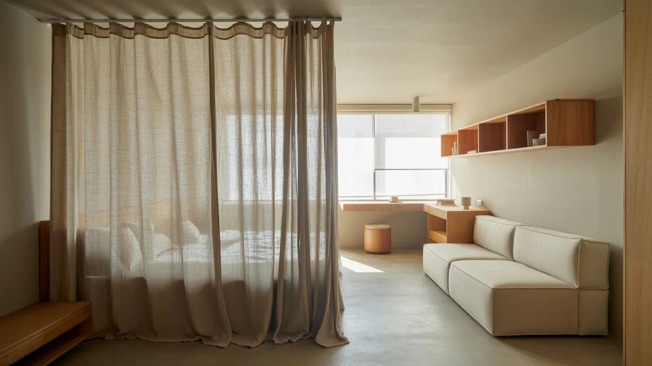 A cozy bedroom featuring a bed, a couch, and a curtain, creating a warm and inviting atmosphere.
