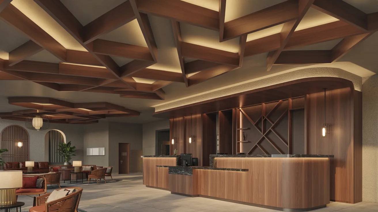 The hotel lobby features elegant wood decor illuminated by soft lighting, creating a warm and inviting atmosphere.