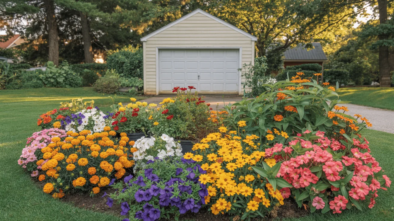 A vibrant flower bed in the foreground with a garage visible in the background.