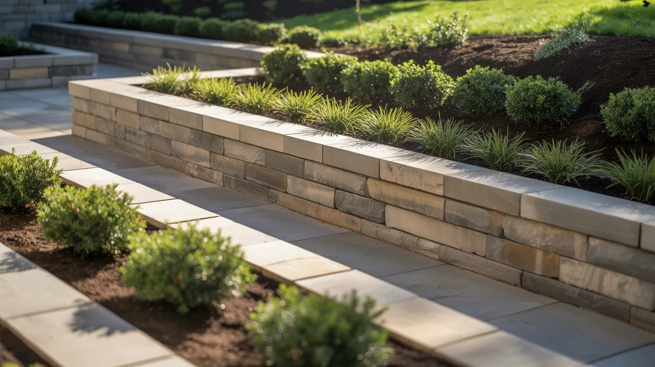 A stone retaining wall adorned with various plants and shrubs, enhancing the natural landscape.