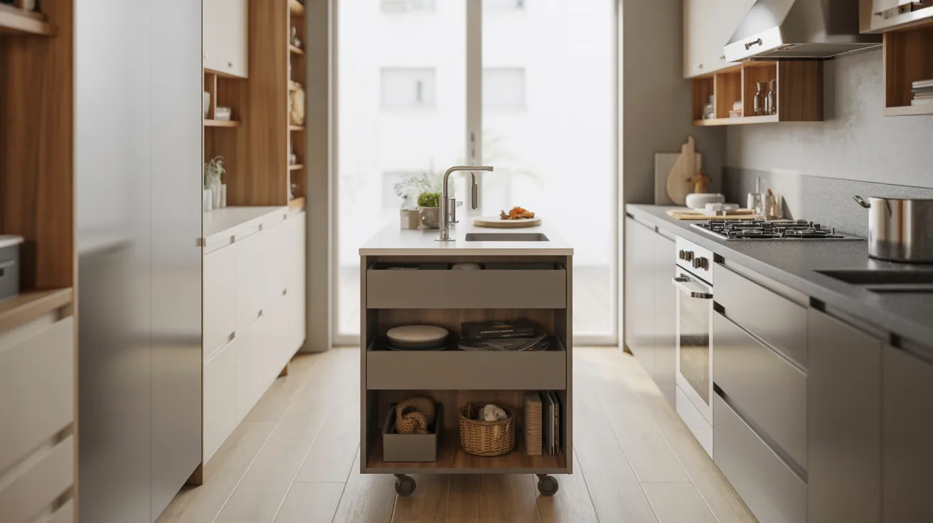 A kitchen featuring a wheeled cart, providing additional storage and workspace for cooking and meal preparation.