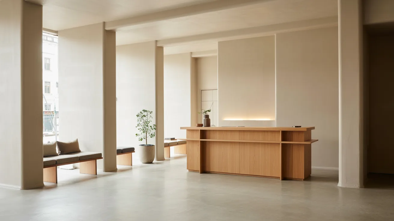 A reception area featuring a wooden desk and a bench for seating.