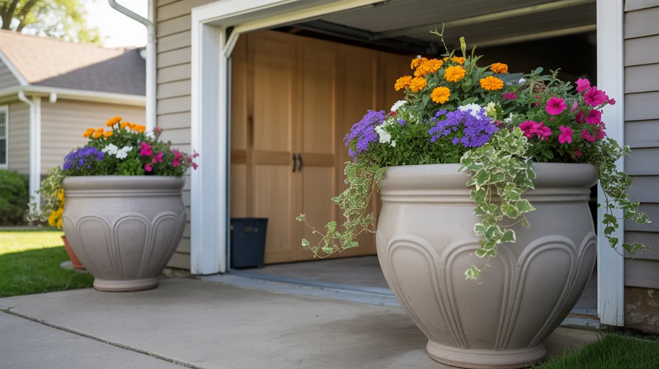 Two large planters filled with colorful flowers are placed outside a garage.