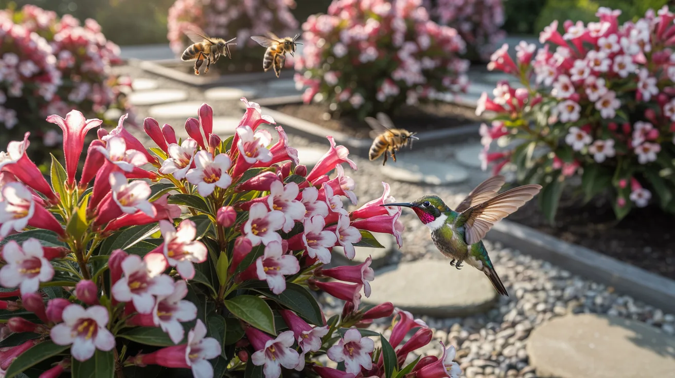 A hummingbird and a bee hover near vibrant pink flowers in a sunny garden setting.