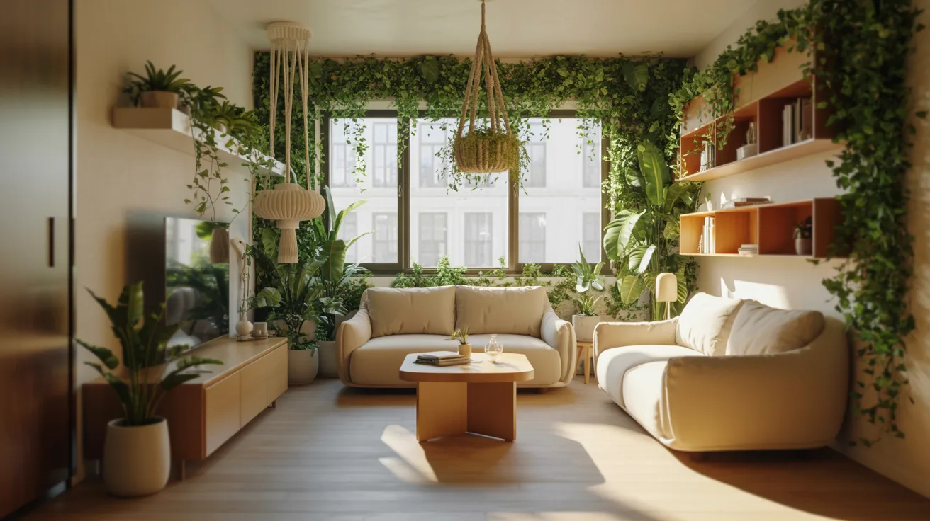 A cozy living room featuring various plants and stylish furniture arranged for comfort and aesthetic appeal.