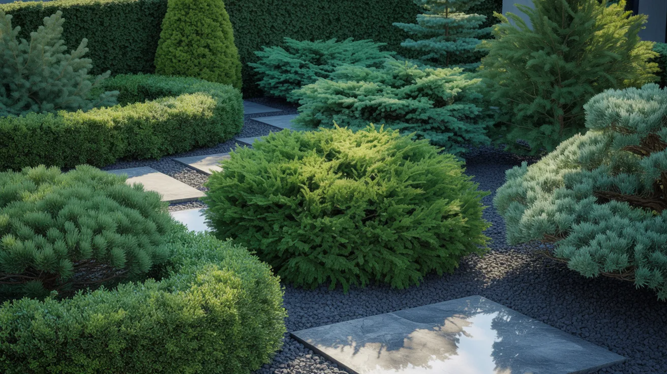A lush garden featuring diverse shrubs and trees, showcasing a variety of colors and textures in a natural setting.