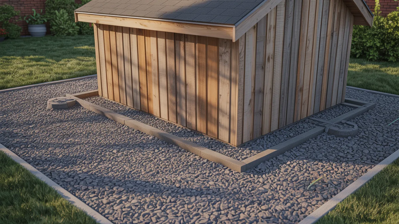 A small shed positioned on a bed of gravel, surrounded by a clear outdoor space.