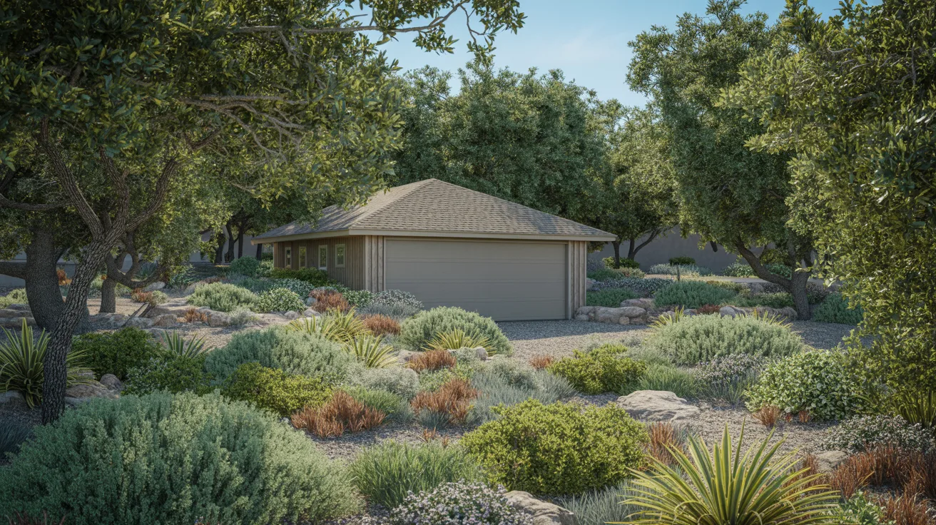 A desert home surrounded by trees and shrubs, showcasing a blend of natural and architectural elements.