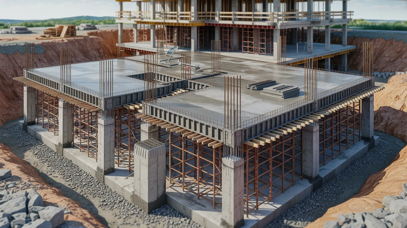 A rendering of a building under construction, showcasing scaffolding and cranes against a clear blue sky.