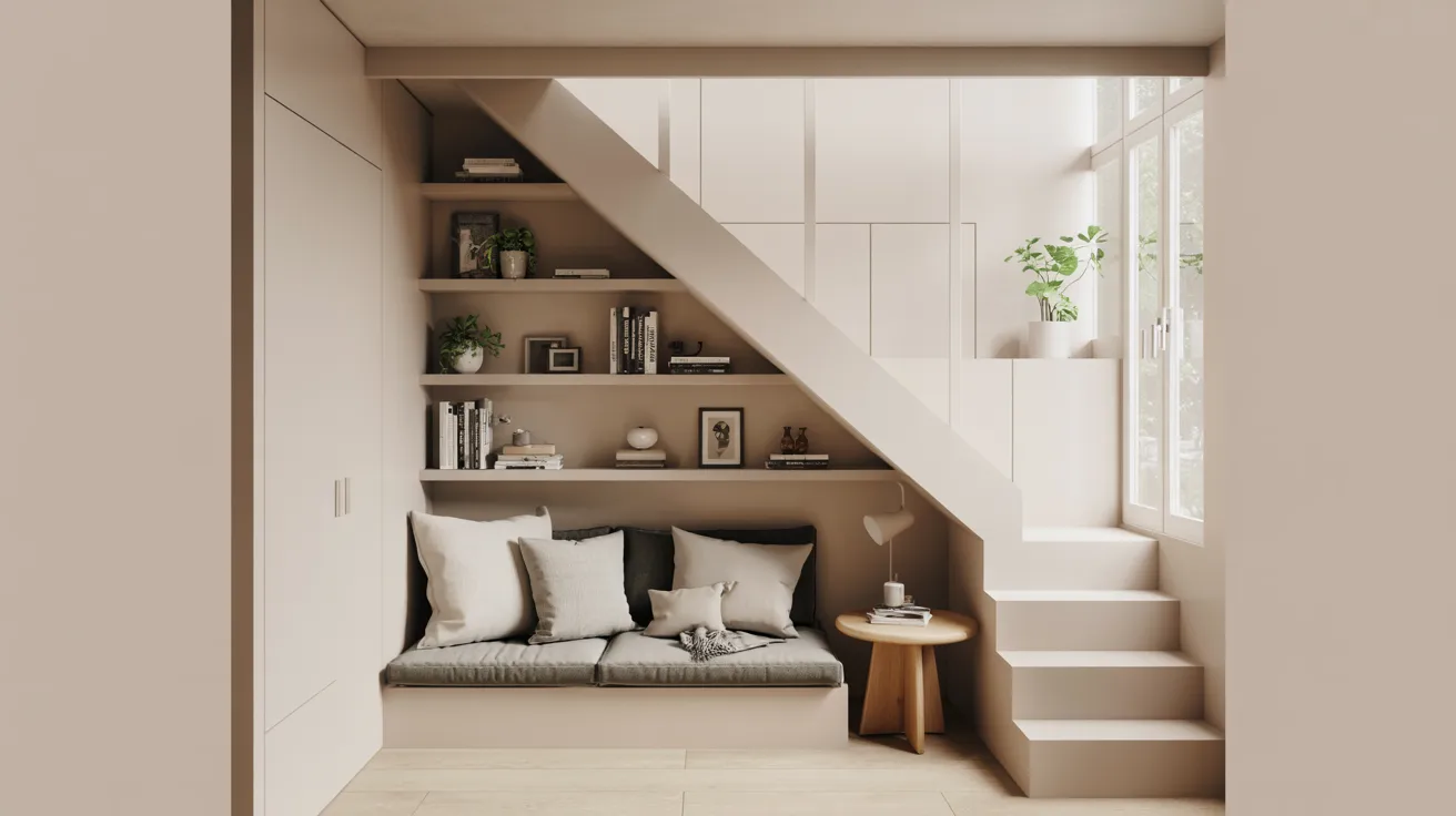 A cozy small room featuring a sofa and bookshelves filled with books.