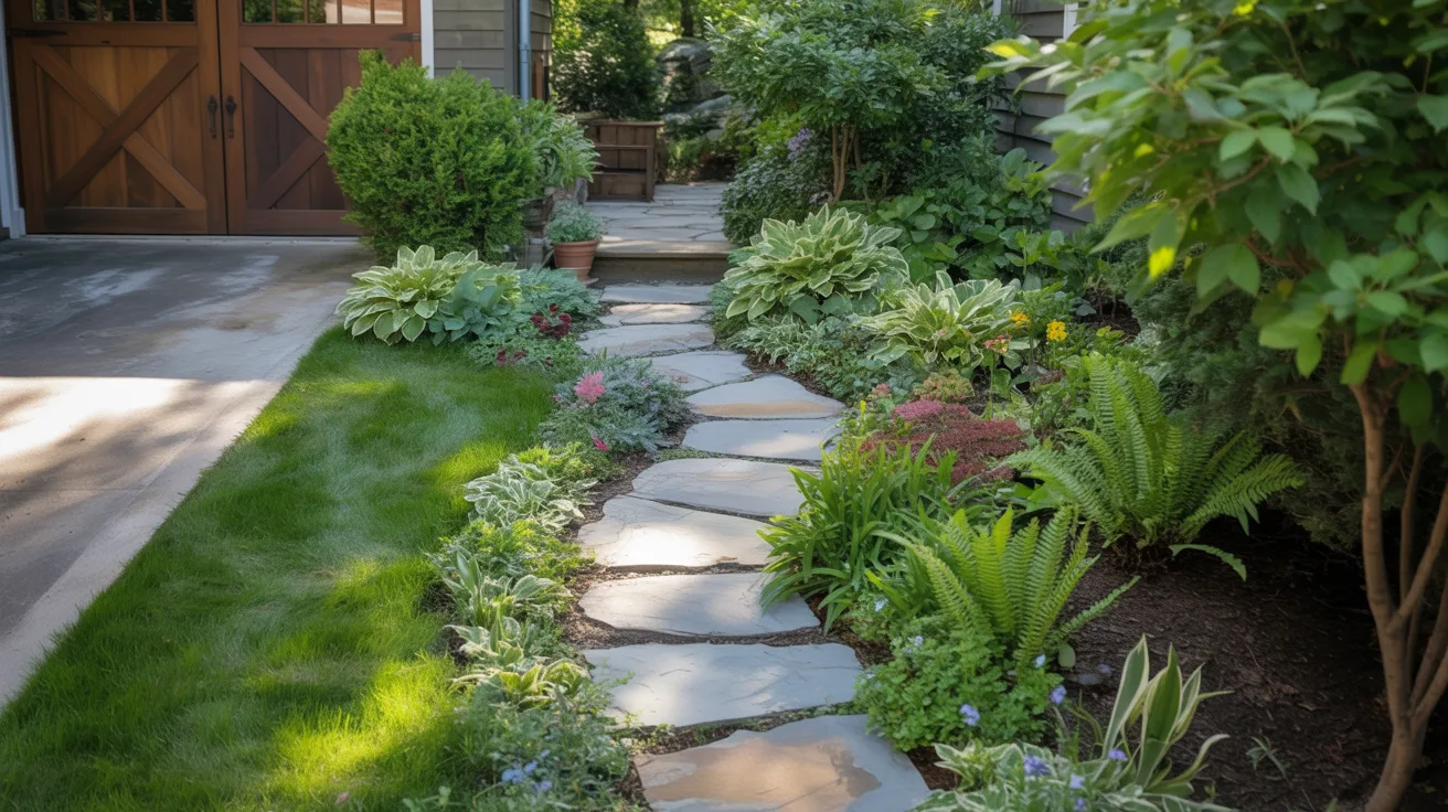 A stone pathway leads to a rustic wooden garage door, framed by greenery on either side.