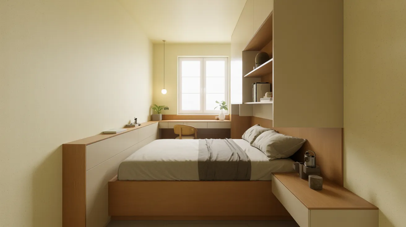 A cozy bedroom featuring a neatly made bed and a desk with a chair, creating a comfortable living space.