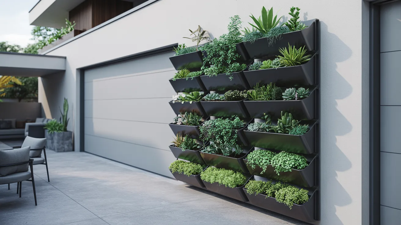 A vertical garden mounted on a wall, featuring various green plants arranged in a decorative layout.