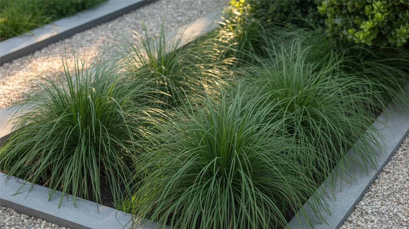 A lush garden featuring grass and various plants arranged in a rectangular planter.