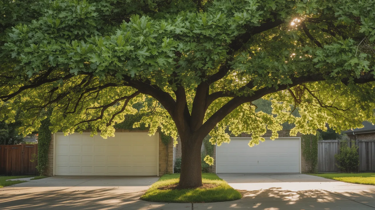 Two garages are visible, with trees positioned in front of them, creating a natural backdrop.