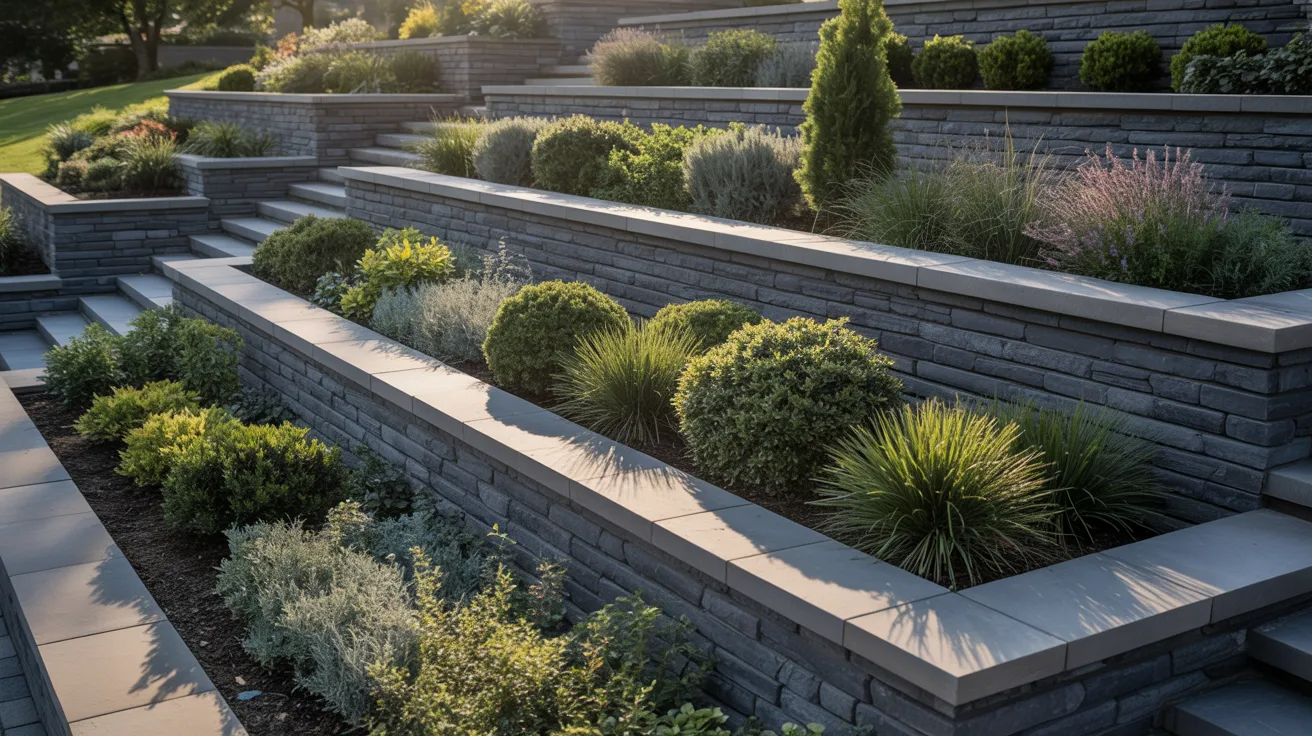 A stone retaining wall adorned with various plants and shrubs, enhancing the natural landscape.