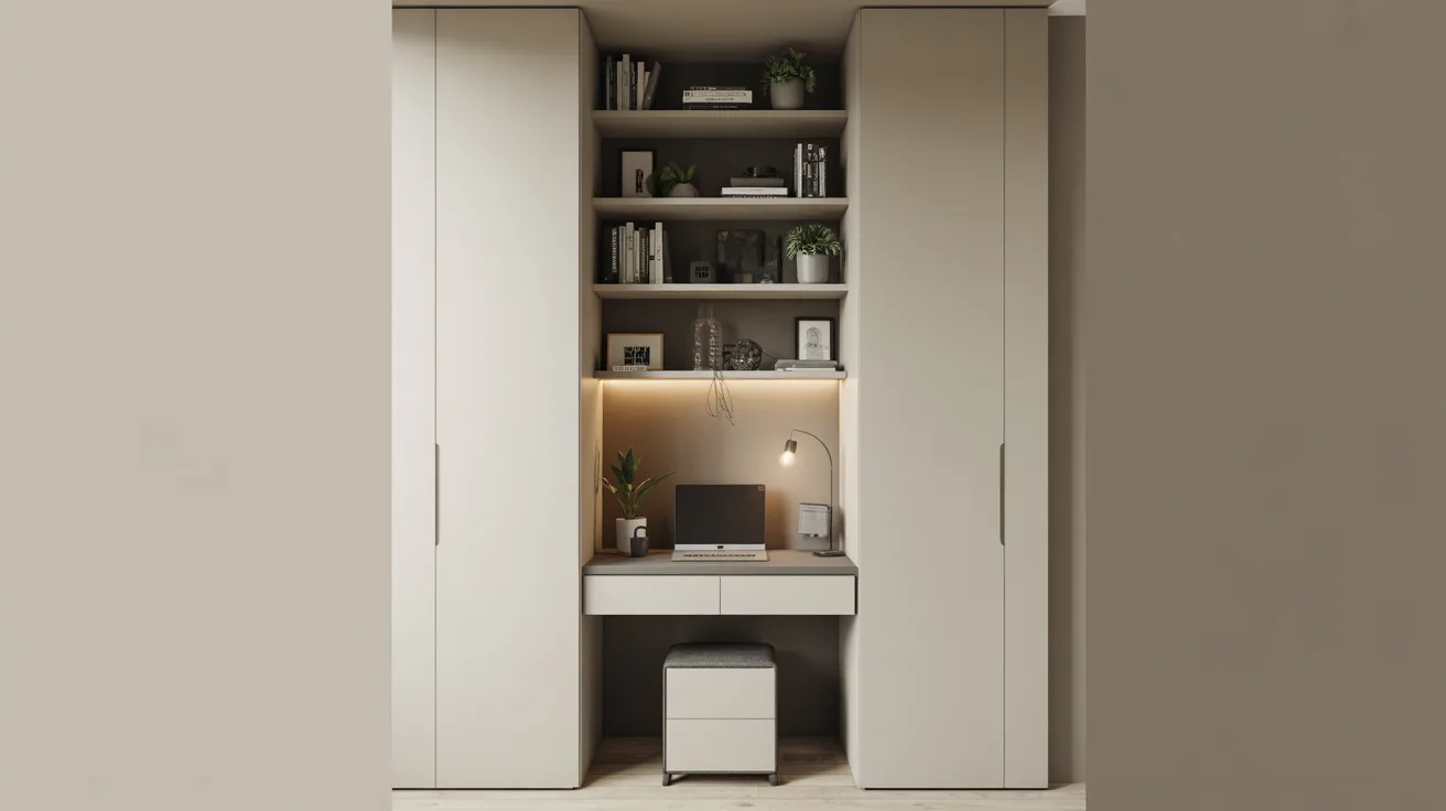 A sleek modern home office featuring a desk and organized shelves, designed for productivity and comfort.