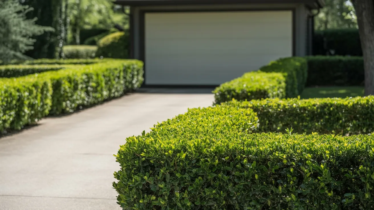 A driveway lined with hedges leads to a garage, creating a neat and inviting entrance to the property.