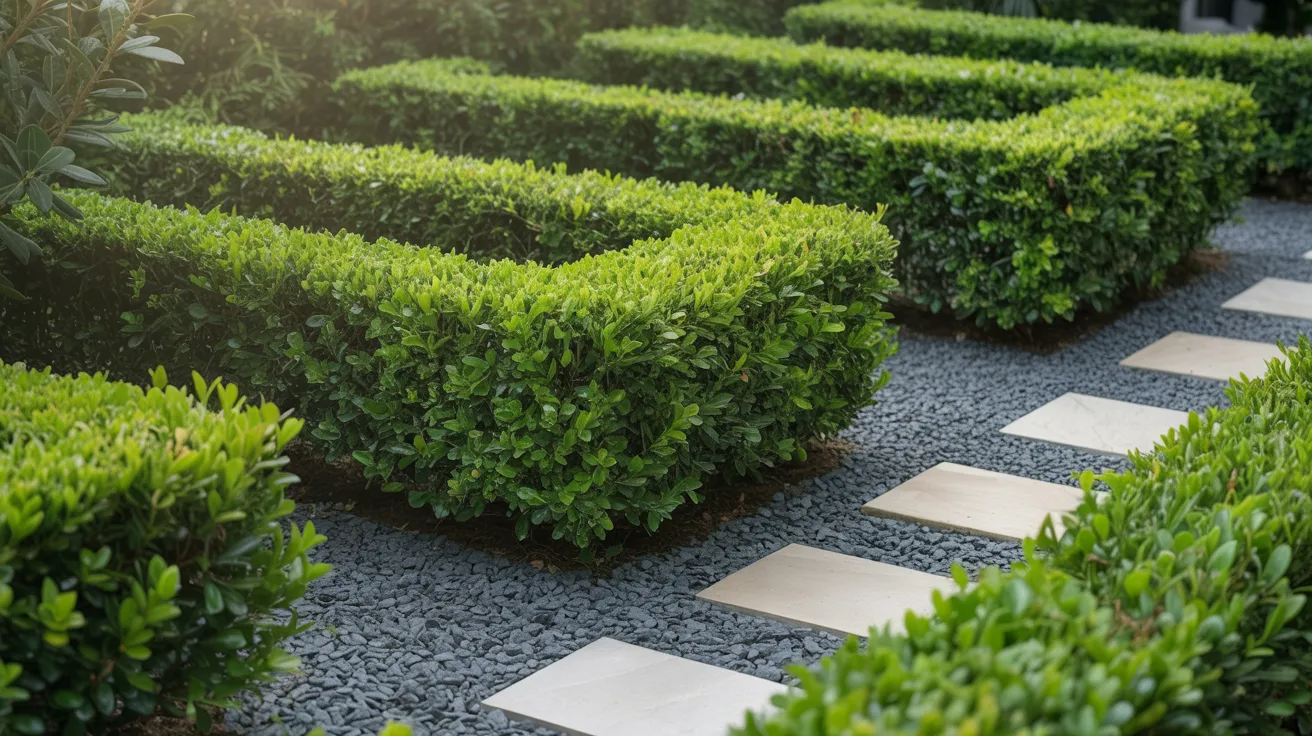 A serene garden featuring a winding path that leads to a neatly trimmed hedge.