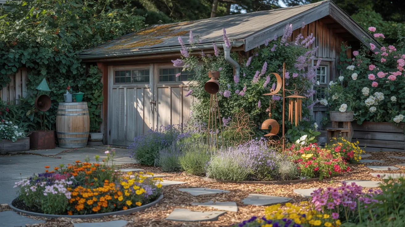 A vibrant garden featuring a wooden shed surrounded by colorful blooming flowers.