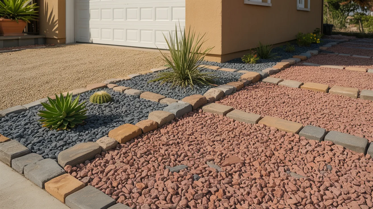 A gravel driveway bordered by various plants and scattered rocks, creating a natural and rustic landscape.