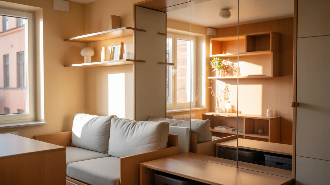 A cozy small apartment featuring a couch, a table, and shelves arranged for comfortable living.