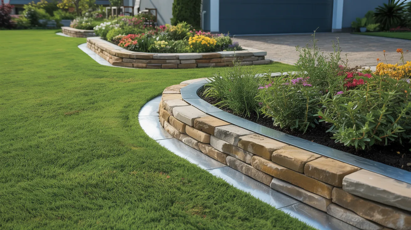 A stone retaining wall adorned with colorful flowers and lush green grass in a vibrant garden setting.