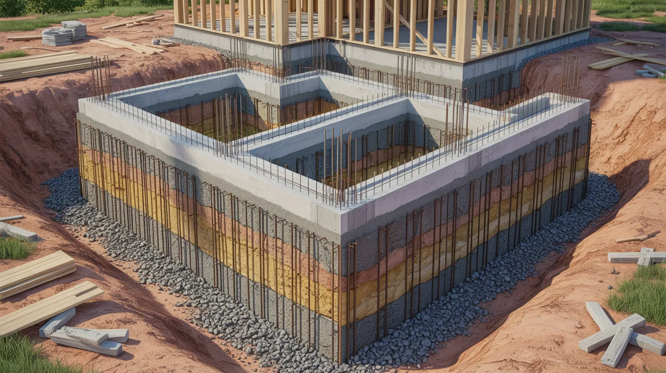 A construction site showing a house with concrete foundations being built, surrounded by construction materials and equipment.