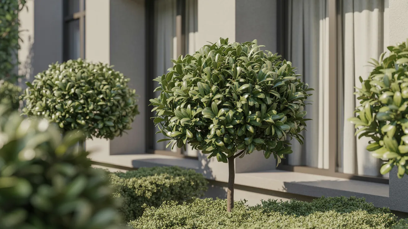 A row of trees and bushes in front of a building, creating a natural landscape around the structure.