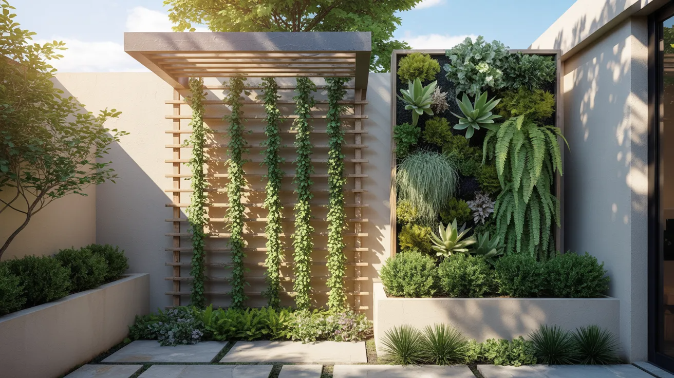 A vibrant garden featuring various plants alongside a rustic wooden trellis.