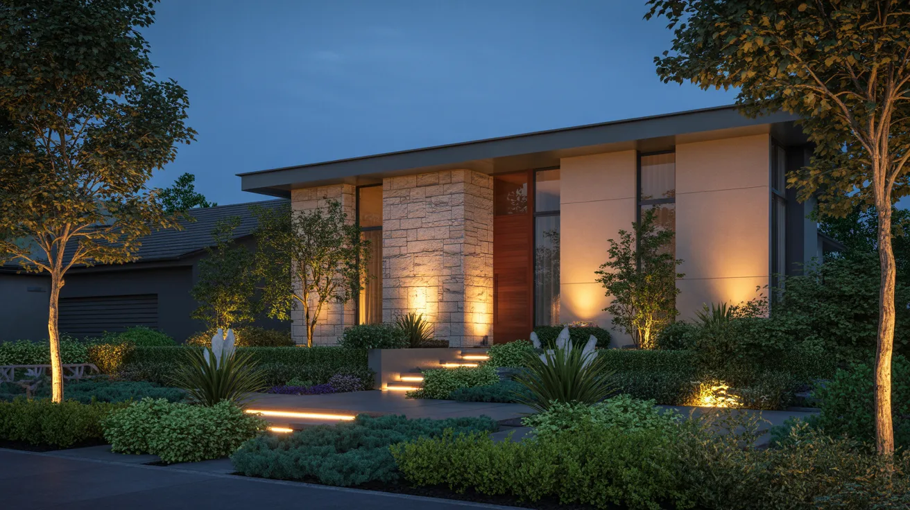 A modern home featuring stylish landscaping and ambient lighting in the evening.