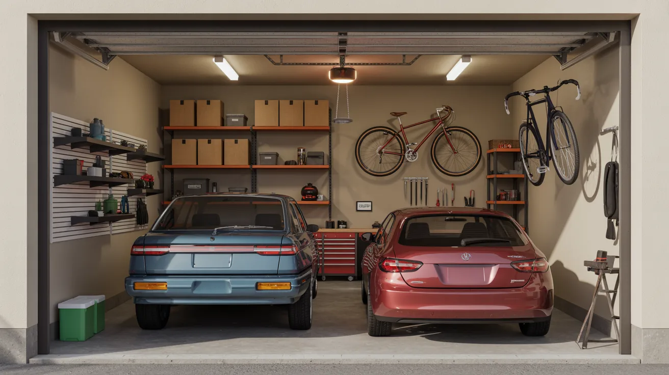A garage featuring two parked cars and several bicycles arranged neatly inside.