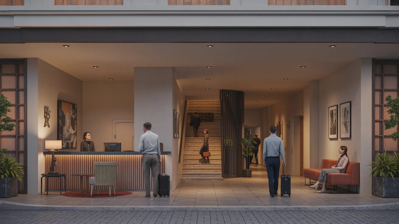 Hotel lobby with people gathered outside, showcasing a welcoming atmosphere and social interaction.