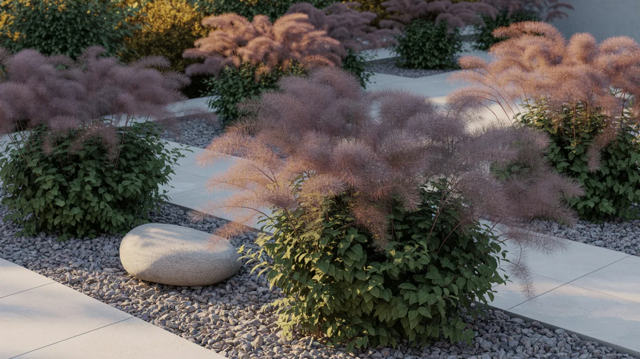 A serene garden featuring various plants and decorative rocks arranged harmoniously throughout the landscape.