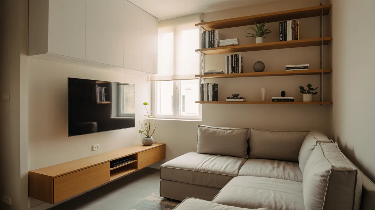 A cozy living room featuring a couch, television, and shelves filled with books and decor.