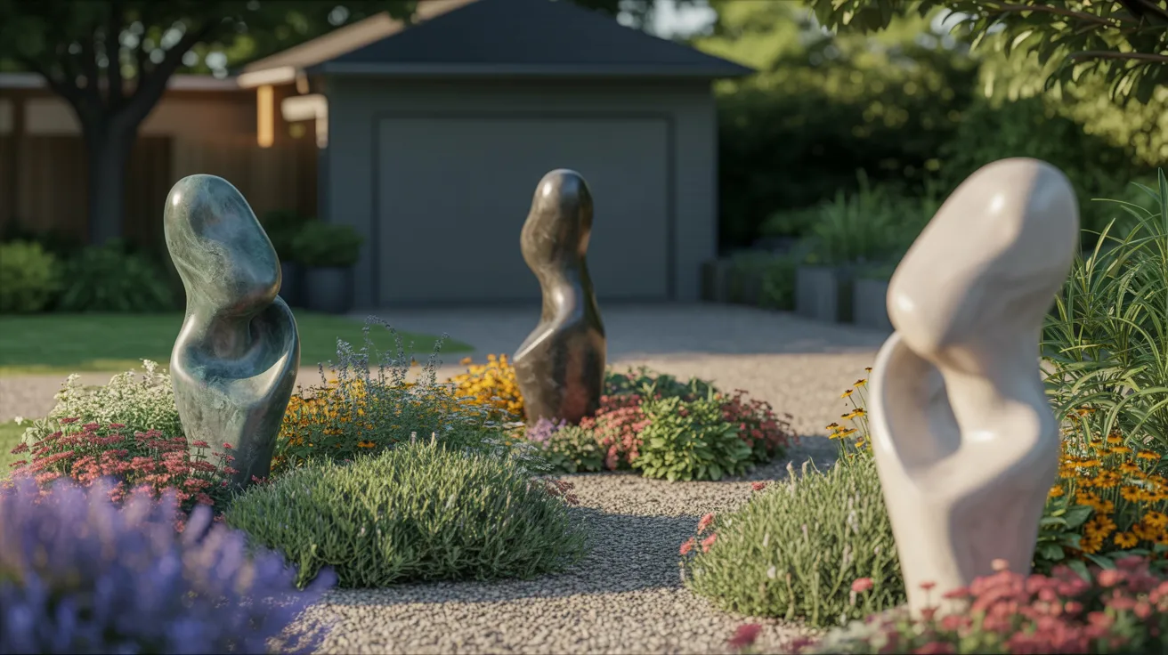 Three sculptures surrounded by colorful flowers and lush shrubs in a serene garden setting.
