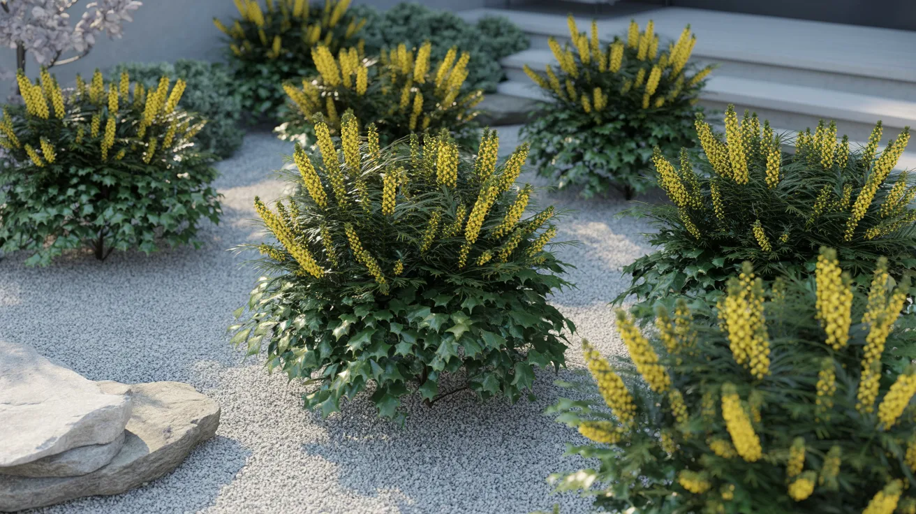 A vibrant garden featuring yellow plants interspersed with decorative rocks.